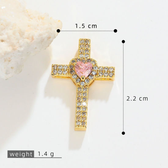 Picture of 1 Piece Brass Religious Charms Wholesale, Cross Heart 18K Gold Plated Pink Cubic Zirconia 22mm x 15mm