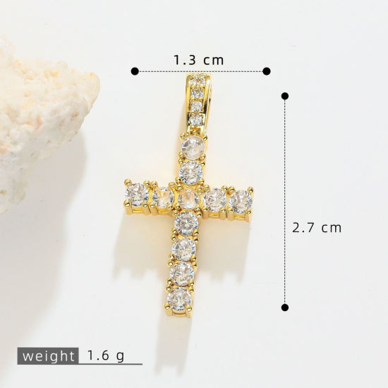 Picture of 1 Piece Brass Religious Charms Wholesale, Cross 18K Gold Plated Clear Cubic Zirconia 27mm x 13mm