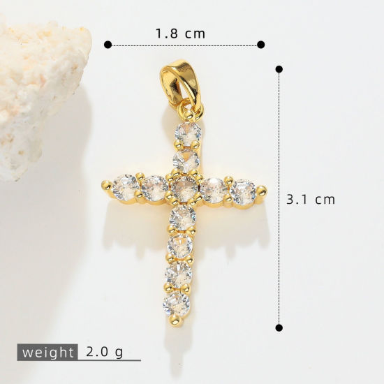 Picture of 1 Piece Brass Religious Pendants Wholesale, Cross 18K Gold Plated Clear Cubic Zirconia 3.1cm x 1.8cm