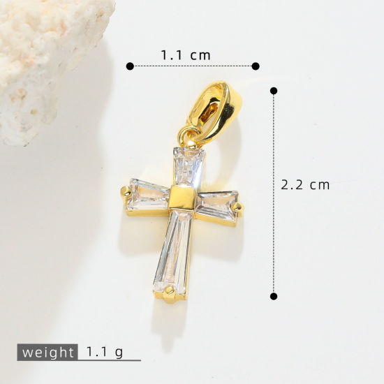 Picture of 1 Piece Brass Religious Charm Pendant Wholesale, Cross 18K Gold Plated Clear Cubic Zirconia 22mm x 11mm