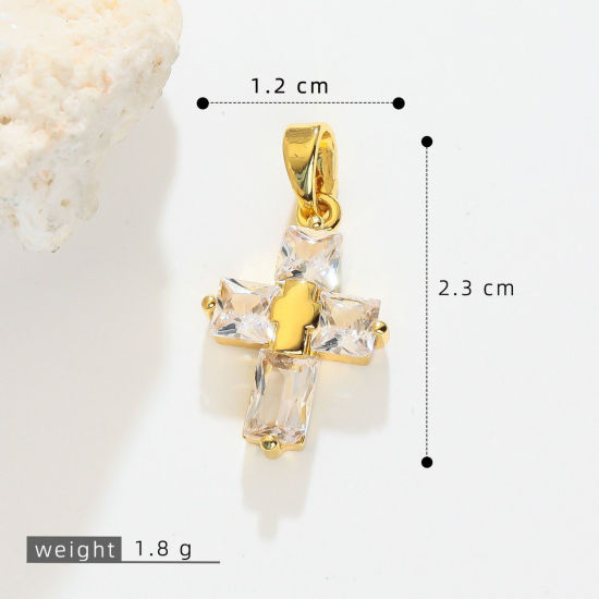 Picture of 1 Piece Brass Religious Charm Pendant Wholesale, Cross 18K Gold Plated Clear Cubic Zirconia 23mm x 12mm
