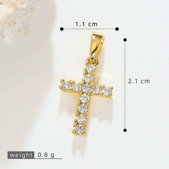Picture of 1 Piece Brass Religious Charm Pendant Wholesale, Cross 18K Gold Plated Clear Cubic Zirconia 21mm x 11mm