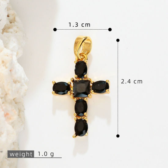 Picture of 1 Piece Brass Religious Charm Pendant Wholesale, Cross 18K Gold Plated Black Cubic Zirconia 24mm x 13mm
