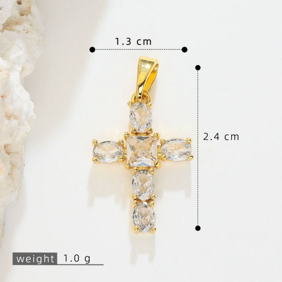 Picture of 1 Piece Brass Religious Charm Pendant Wholesale, Cross 18K Gold Plated Clear Cubic Zirconia 24mm x 13mm