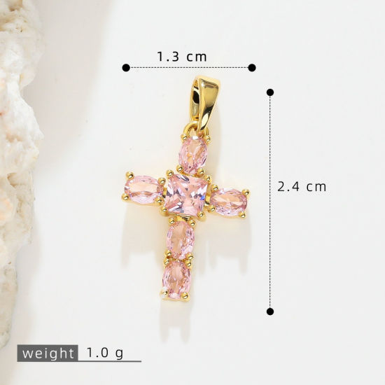 Picture of 1 Piece Brass Religious Charm Pendant Wholesale, Cross 18K Gold Plated Pink Cubic Zirconia 24mm x 13mm