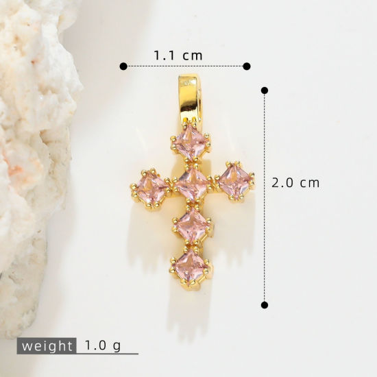Picture of 1 Piece Brass Religious Charms Wholesale, Cross 18K Gold Plated Pink Cubic Zirconia 20mm x 11mm