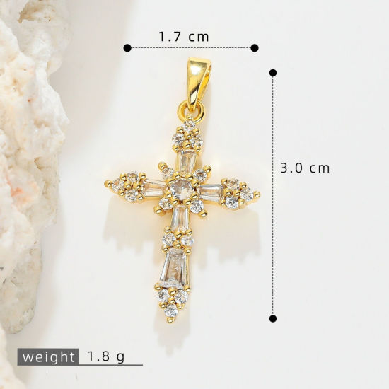 Picture of 1 Piece Brass Religious Pendants Wholesale, Cross 18K Gold Plated Clear Cubic Zirconia 3cm x 1.7cm