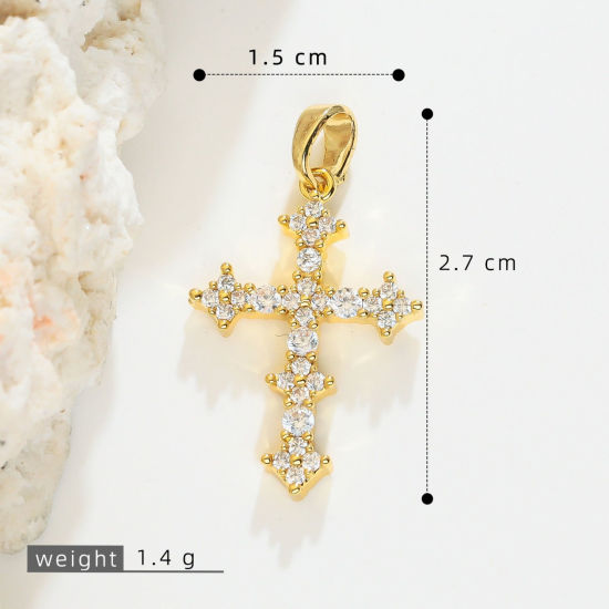 Picture of 1 Piece Brass Religious Charm Pendant Wholesale, Cross 18K Gold Plated Clear Cubic Zirconia 27mm x 15mm