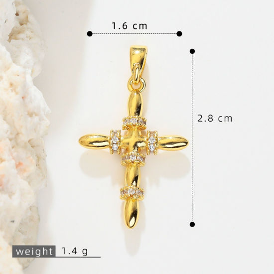 Picture of 1 Piece Brass Religious Charm Pendant Wholesale, Cross 18K Gold Plated Clear Cubic Zirconia 28mm x 16mm