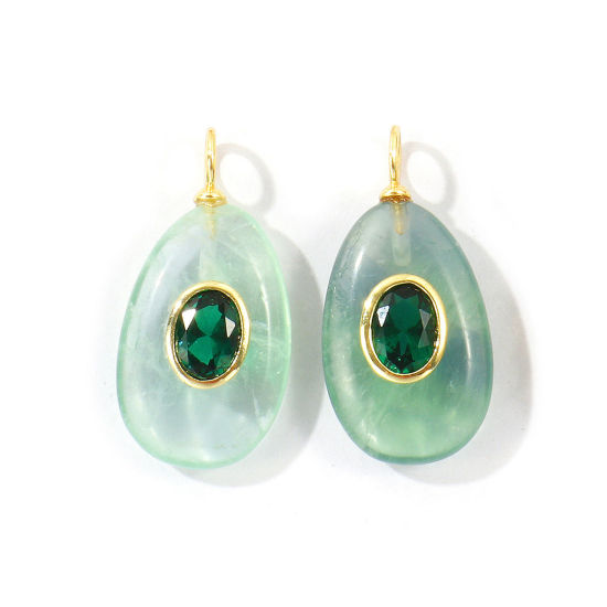 Picture of 1 Piece Eco-friendly Gemstone & Brass Geometric Pendants Wholesale, Drop 18K Real Gold Plated Light Green Emerald Cubic Zirconia 3cm x 1.5cm