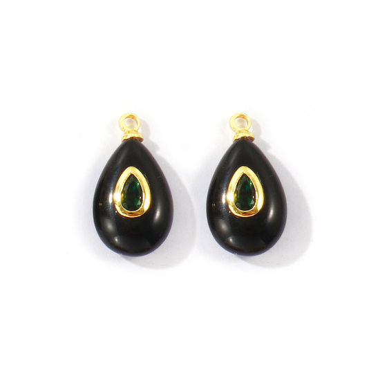Picture of 1 Piece Eco-friendly Gemstone & Brass Geometric Charms Wholesale, Drop 18K Real Gold Plated Black Emerald Cubic Zirconia 18mm x 10mm