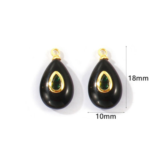 Picture of 1 Piece Eco-friendly Gemstone & Brass Geometric Charms Wholesale, Drop 18K Real Gold Plated Black Emerald Cubic Zirconia 18mm x 10mm