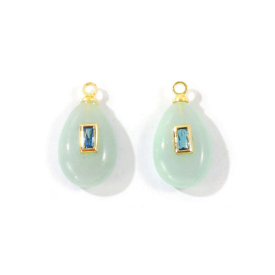 Picture of 1 Piece Eco-friendly Gemstone & Brass Geometric Charms Wholesale, Drop 18K Real Gold Plated Light Blue Blue Cubic Zirconia 18mm x 10mm