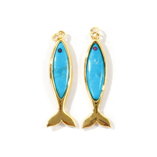 Picture of 1 Piece Eco-friendly Gemstone & Brass Ocean Jewelry Pendants Wholesale, Fish Animal 18K Real Gold Plated Blue 4.2cm x 1.2cm