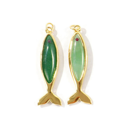 Picture of 1 Piece Eco-friendly Gemstone & Brass Ocean Jewelry Pendants Wholesale, Fish Animal 18K Real Gold Plated Green 4.2cm x 1.2cm
