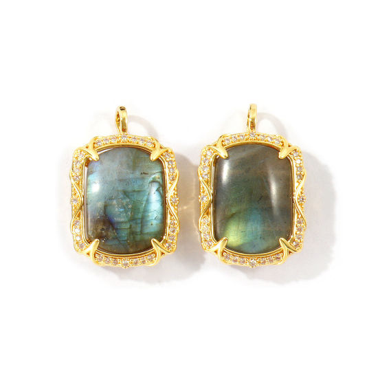 Picture of 1 Piece Eco-friendly Gemstone & Brass Geometric Charms Wholesale, Rectangle 18K Real Gold Plated Gray Clear Cubic Zirconia 27mm x 18mm