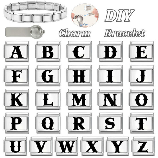 Immagine di 1 Pz 304 Acciaio Inossidabile Magnetiche Italiane per Bracciali Modulari e Orologi Fai‑Da‑Te, Lettera Maiuscola Messaggio " A " Nero Tono Argento All'Ingrosso, 10mm x 9mm
