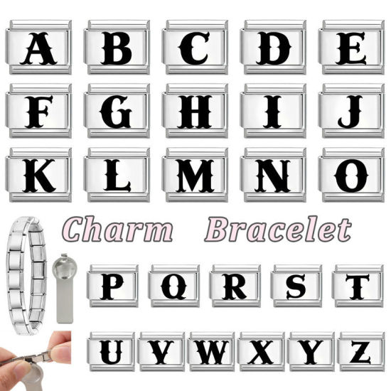 Immagine di 1 Pz 304 Acciaio Inossidabile Magnetiche Italiane per Bracciali Modulari e Orologi Fai‑Da‑Te, Lettera Maiuscola Messaggio " A " Nero Tono Argento All'Ingrosso, 10mm x 9mm