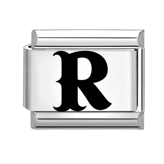 Immagine di 1 Pz 304 Acciaio Inossidabile Magnetiche Italiane per Bracciali Modulari e Orologi Fai‑Da‑Te, Lettera Maiuscola Messaggio " R " Nero Tono Argento All'Ingrosso, 10mm x 9mm