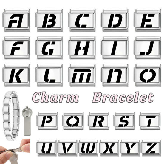 Image de 1 Pièce Maillons de Charme Italiens pour la Fabrication de Bijoux de Montres-Bracelets Modulables à Faire Soi-Même En Gros en 304 Acier Inoxydable Argent Mat en Noir Alphabet Initial/ Lettre Majuscule Mots " A " 10mm x 9mm
