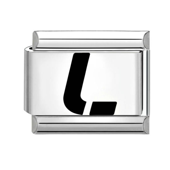 Image de 1 Pièce Maillons de Charme Italiens pour la Fabrication de Bijoux de Montres-Bracelets Modulables à Faire Soi-Même En Gros en 304 Acier Inoxydable Argent Mat en Noir Alphabet Initial/ Lettre Majuscule Mots " L " 10mm x 9mm