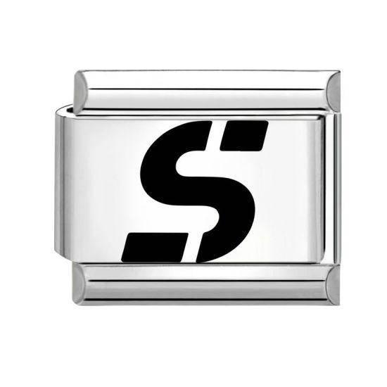 Image de 1 Pièce Maillons de Charme Italiens pour la Fabrication de Bijoux de Montres-Bracelets Modulables à Faire Soi-Même En Gros en 304 Acier Inoxydable Argent Mat en Noir Alphabet Initial/ Lettre Majuscule Mots " S " 10mm x 9mm