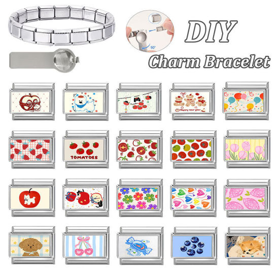 Picture of 1 Piece 304 Stainless Steel Italian Charm Links For DIY Modular Bracelet Watch Jewelry Making, Fruit Orange Silver Tone - Wholesale, 10mm x 9mm