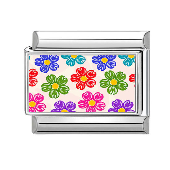Picture of 1 Piece 304 Stainless Steel Italian Charm Links For DIY Modular Bracelet Watch Jewelry Making, Flower Multicolor Silver Tone - Wholesale, 10mm x 9mm