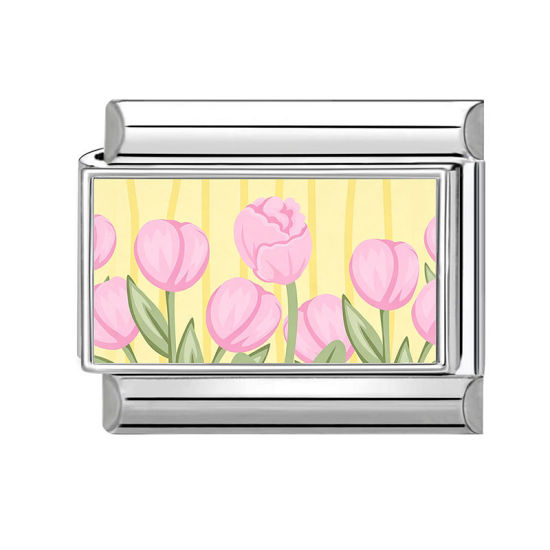 Picture of 1 Piece 304 Stainless Steel Italian Charm Links For DIY Modular Bracelet Watch Jewelry Making, Tulip Flower Pink Silver Tone - Wholesale, 10mm x 9mm