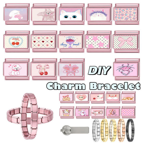 Image de 1 Pièce Maillons de Charme Italiens pour la Fabrication de Bijoux de Montres-Bracelets Modulables à Faire Soi-Même En Gros en 304 Acier Inoxydable en Rose Chien 10mm x 9mm
