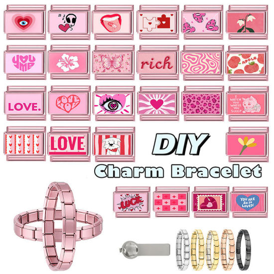 Immagine di 1 Pz 304 Acciaio Inossidabile Magnetiche Italiane per Bracciali Modulari e Orologi Fai‑Da‑Te, Messaggio " LUCK " Rosa All'Ingrosso, 10mm x 9mm