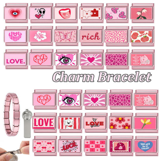 Immagine di 1 Pz 304 Acciaio Inossidabile Magnetiche Italiane per Bracciali Modulari e Orologi Fai‑Da‑Te, Messaggio " LUCK " Rosa All'Ingrosso, 10mm x 9mm
