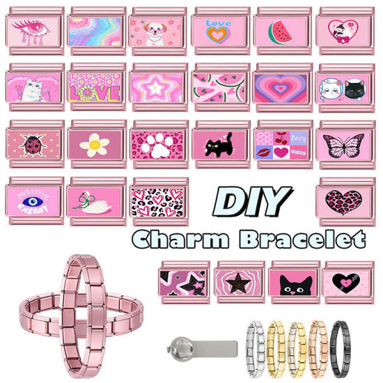 1 個 304ステンレス鋼 イタリアンチャームリンク DIY モジュラーブレスレット・時計用, 五芒星 ピンク - 卸売り, 10mm x 9mm の画像