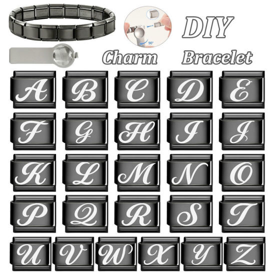 1 個 304ステンレス鋼 イタリアンチャームリンク DIY モジュラーブレスレット・時計用, キャピタルレター 文字「 A 」 黒 - 卸売り, 10mm x 9mm の画像