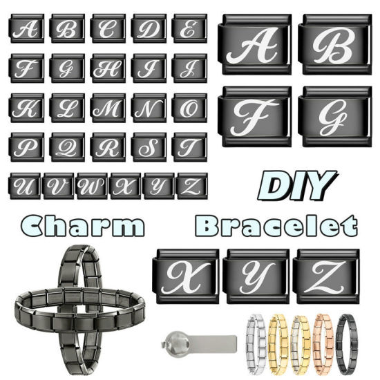 1 個 304ステンレス鋼 イタリアンチャームリンク DIY モジュラーブレスレット・時計用, キャピタルレター 文字「 A 」 黒 - 卸売り, 10mm x 9mm の画像