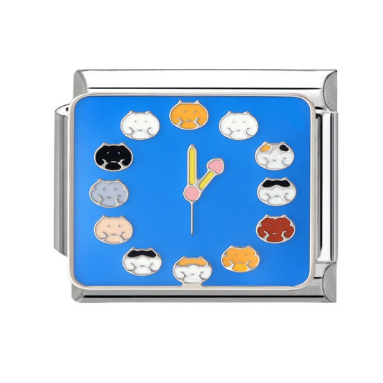 Bild von 1 Stück 304 Edelstahl Italienische Charm-Links für die DIY-modulare Armbanduhr-Schmuckherstellung, Zifferblatt Blau Emaille Silberfarbe - Großhandel, 10mm x 9mm