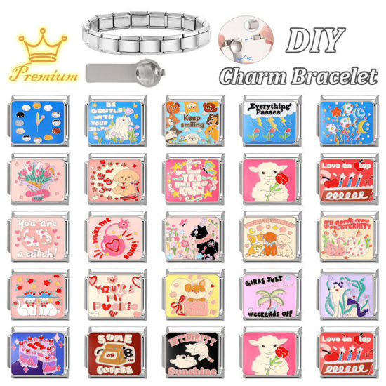 Bild von 1 Stück 304 Edelstahl Italienische Charm-Links für die DIY-modulare Armbanduhr-Schmuckherstellung, Zifferblatt Blau Emaille Silberfarbe - Großhandel, 10mm x 9mm