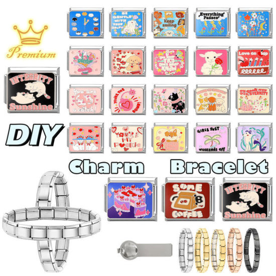 Bild von 1 Stück 304 Edelstahl Italienische Charm-Links für die DIY-modulare Armbanduhr-Schmuckherstellung, Zifferblatt Blau Emaille Silberfarbe - Großhandel, 10mm x 9mm