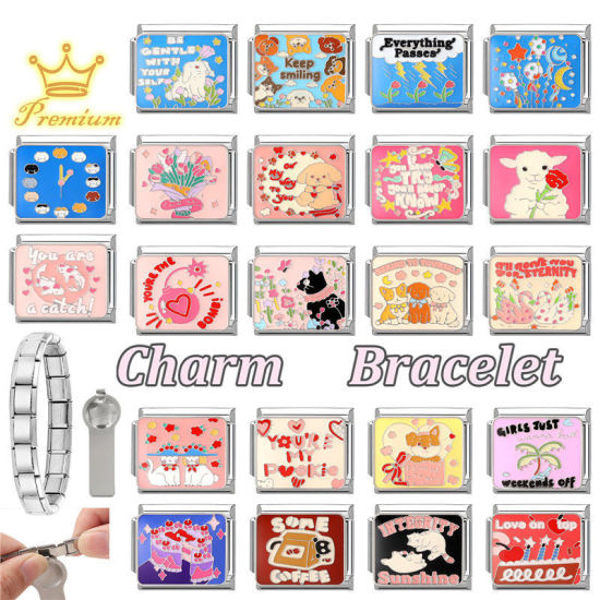 Bild von 1 Stück 304 Edelstahl Italienische Charm-Links für die DIY-modulare Armbanduhr-Schmuckherstellung, Zifferblatt Blau Emaille Silberfarbe - Großhandel, 10mm x 9mm