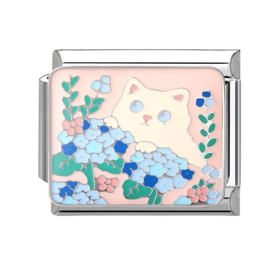 Bild von 1 Stück 304 Edelstahl Italienische Charm-Links für die DIY-modulare Armbanduhr-Schmuckherstellung, Katze Bunt Emaille Silberfarbe - Großhandel, 10mm x 9mm
