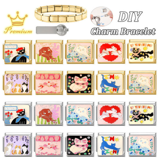 Bild von 1 Stück 304 Edelstahl Italienische Charm-Links für die DIY-modulare Armbanduhr-Schmuckherstellung, Katze Bunt Emaille Silberfarbe - Großhandel, 10mm x 9mm