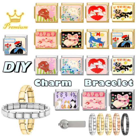 Bild von 1 Stück 304 Edelstahl Italienische Charm-Links für die DIY-modulare Armbanduhr-Schmuckherstellung, Katze Bunt Emaille Silberfarbe - Großhandel, 10mm x 9mm