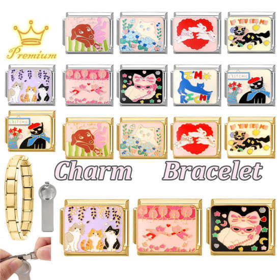 Bild von 1 Stück 304 Edelstahl Italienische Charm-Links für die DIY-modulare Armbanduhr-Schmuckherstellung, Katze Bunt Emaille Silberfarbe - Großhandel, 10mm x 9mm