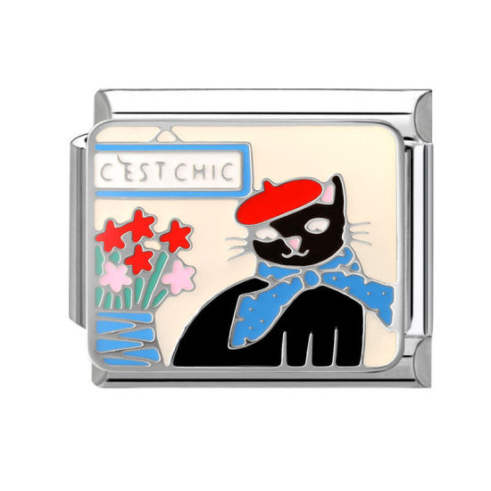 Bild von 1 Stück 304 Edelstahl Italienische Charm-Links für die DIY-modulare Armbanduhr-Schmuckherstellung, Katze Schwarz Emaille Silberfarbe - Großhandel, 10mm x 9mm