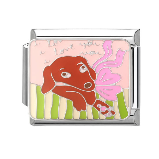 Bild von 1 Stück 304 Edelstahl Italienische Charm-Links für die DIY-modulare Armbanduhr-Schmuckherstellung, Hund Braun Emaille Silberfarbe - Großhandel, 10mm x 9mm