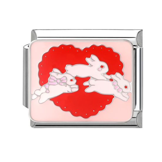 Imagen de 1 Unidad 304 Acero Inoxidable Eslabones de Encanto Italianos para Hacer Pulseras Modulares Relojes y Joyas DIY Conejo Rosado Esmalte Tono de Plata Al Por Mayor, 10mm x 9mm