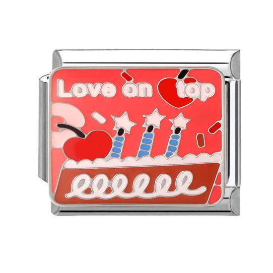 Imagen de 1 Unidad 304 Acero Inoxidable Eslabones de Encanto Italianos para Hacer Pulseras Modulares Relojes y Joyas DIY Cake Rojo Esmalte Tono de Plata Al Por Mayor, 10mm x 9mm