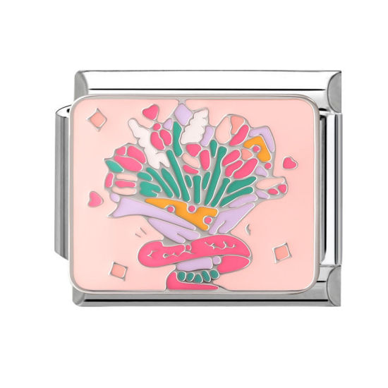 Imagen de 1 Unidad 304 Acero Inoxidable Eslabones de Encanto Italianos para Hacer Pulseras Modulares Relojes y Joyas DIY Flor Multicolor Esmalte Tono de Plata Al Por Mayor, 10mm x 9mm