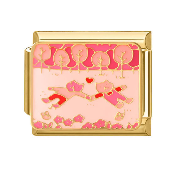Immagine di 1 Pz 304 Acciaio Inossidabile Magnetiche Italiane per Bracciali Modulari e Orologi Fai‑Da‑Te, Gatto Rosa Smalto Oro Placcato All'Ingrosso, 10mm x 9mm