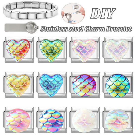 Immagine di 1 Pz Plastica & 304 Acciaio Inossidabile San Valentino Magnetiche Italiane per Bracciali Modulari e Orologi Fai‑Da‑Te, Cuore AB Multicolore Tono Argento All'Ingrosso, 10mm x 9mm